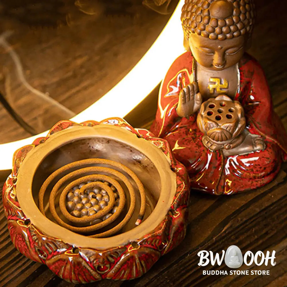 BWOOOH Buddha Lotus Backflow Smoke Fountain Ceramic Blessing Incense Burner With Light Decoration - Red Buddha