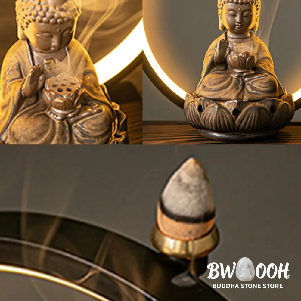 BWOOOH Buddha Lotus Backflow Smoke Fountain Ceramic Blessing Incense Burner With Light Decoration - Red Buddha