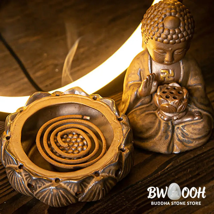 BWOOOH Buddha Lotus Backflow Smoke Fountain Ceramic Blessing Incense Burner With Light Decoration - Red Buddha