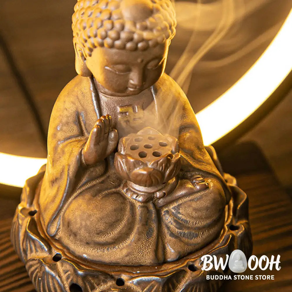 BWOOOH Buddha Lotus Backflow Smoke Fountain Ceramic Blessing Incense Burner With Light Decoration - Red Buddha