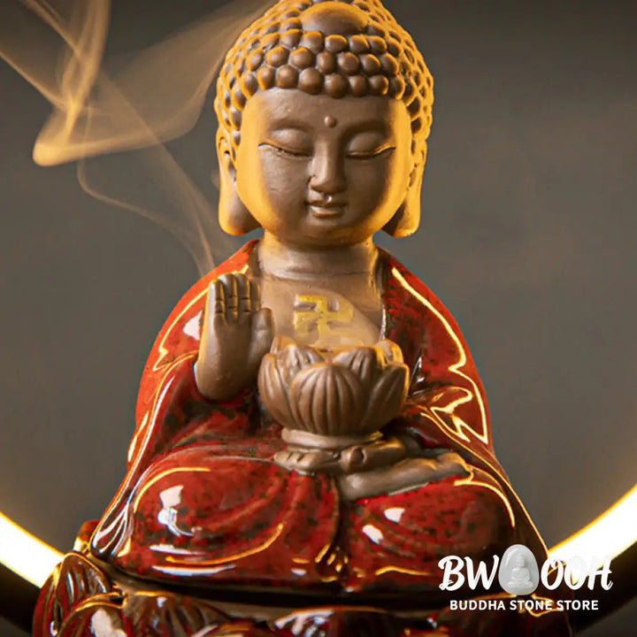 BWOOOH Buddha Lotus Backflow Smoke Fountain Ceramic Blessing Incense Burner With Light Decoration - Red Buddha