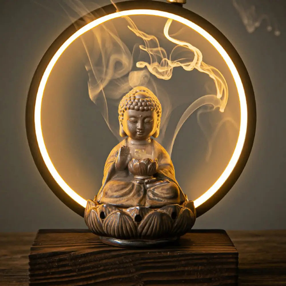 BWOOOH Buddha Lotus Backflow Smoke Fountain Ceramic Blessing Incense Burner With Light Decoration - Red Buddha