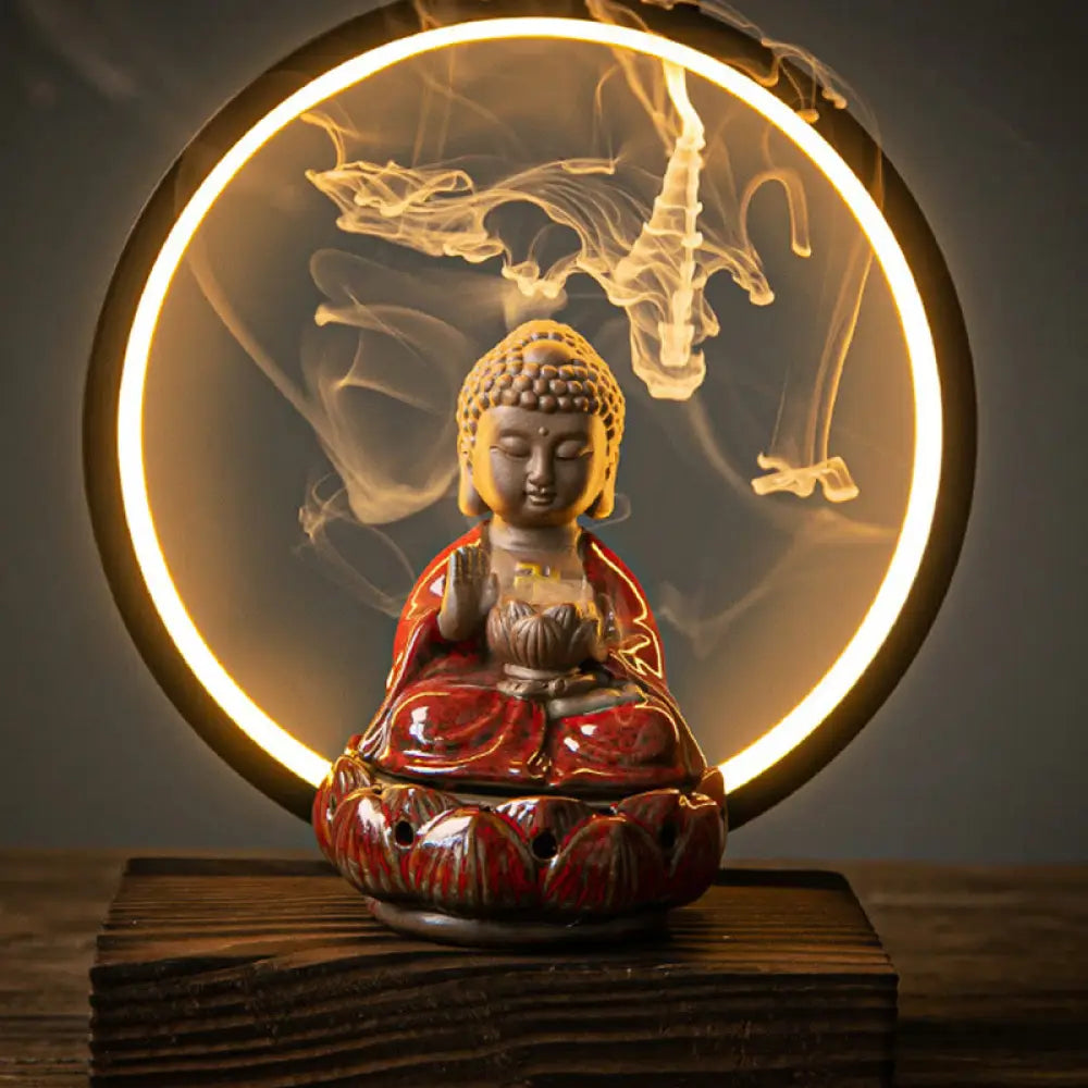BWOOOH Buddha Lotus Backflow Smoke Fountain Ceramic Blessing Incense Burner With Light Decoration - Red Buddha
