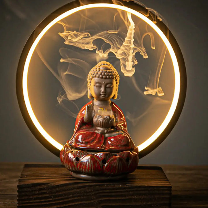BWOOOH Buddha Lotus Backflow Smoke Fountain Ceramic Blessing Incense Burner With Light Decoration - Red Buddha