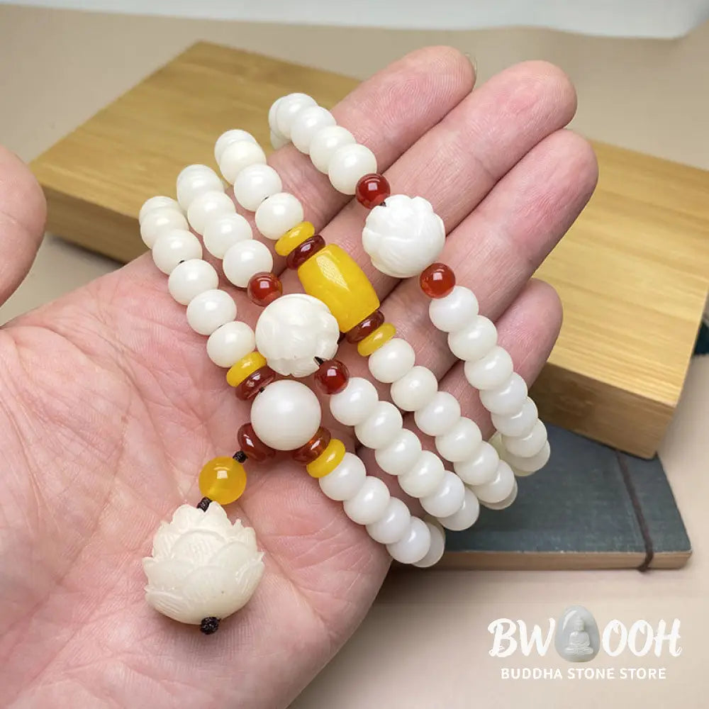A close-up of the BWOOOH Lotus Bodhi Seed Mala, featuring 108 dark-speckled, natural Bodhi seeds for meditation, spiritual balance, and protective energy. - View 3
