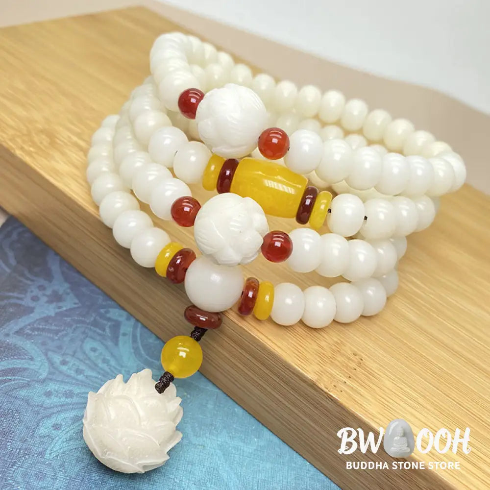 A close-up of the BWOOOH Lotus Bodhi Seed Mala, featuring 108 dark-speckled, natural Bodhi seeds for meditation, spiritual balance, and protective energy. - View 2