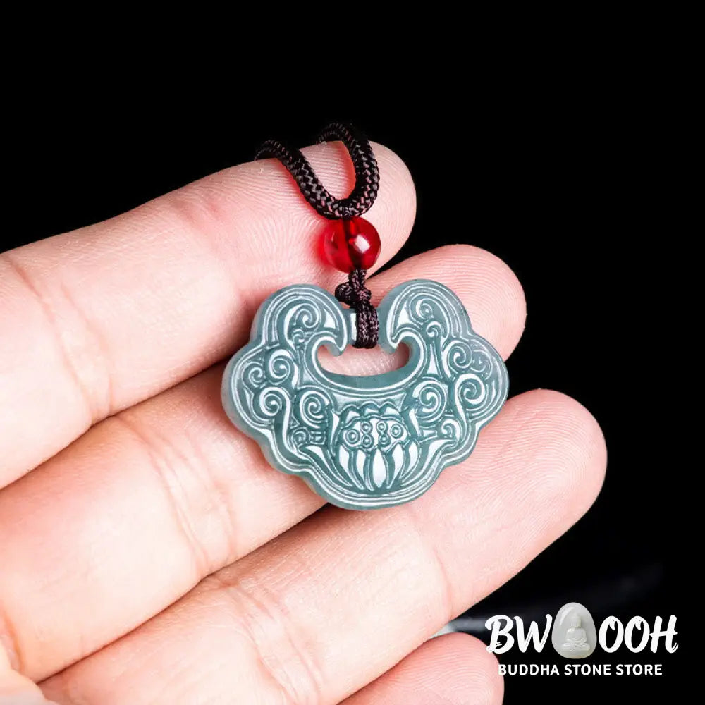 Buddha Stones Lotus Carved Jade Ruyi Abundance Prosperity Abundance Necklace Pendant - BWOOOH - Jade - Necklaces &amp;