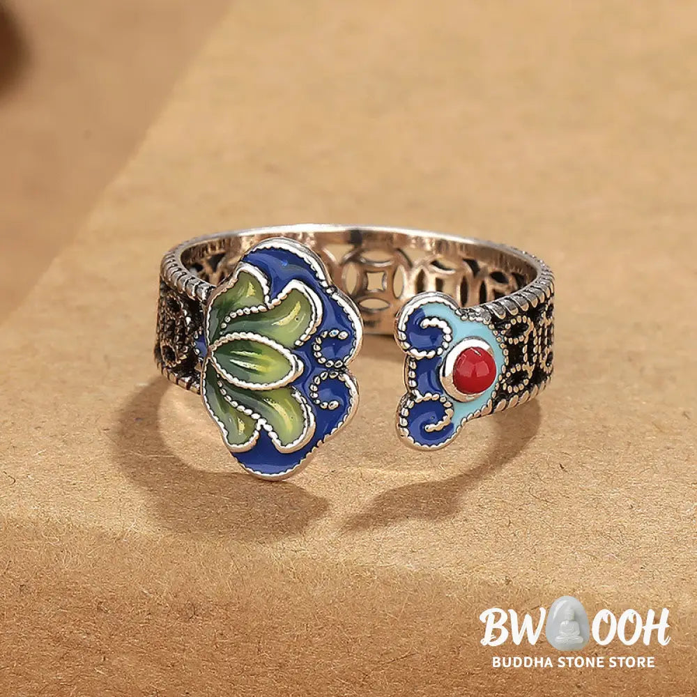Buddha Stones Lotus Flower Copper Coins Ruyi Handle Pattern Enlightenment Adjustable Ring - Lotus(Inner Diameter 12mm)