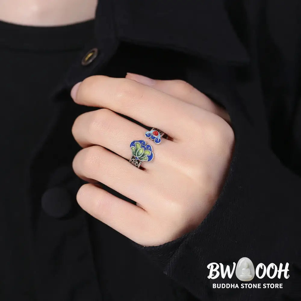 Buddha Stones Lotus Flower Copper Coins Ruyi Handle Pattern Enlightenment Adjustable Ring - Lotus(Inner Diameter 12mm)