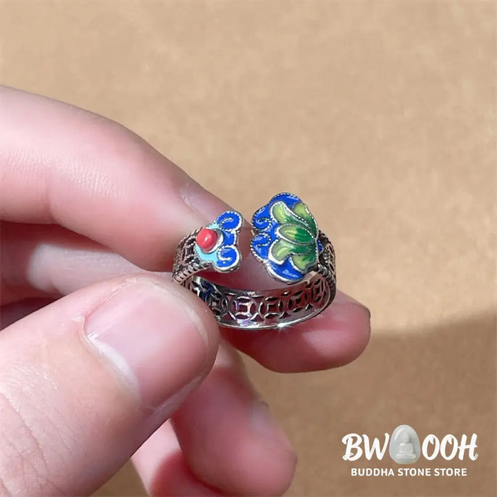 Buddha Stones Lotus Flower Copper Coins Ruyi Handle Pattern Enlightenment Adjustable Ring - Lotus(Inner Diameter 12mm)