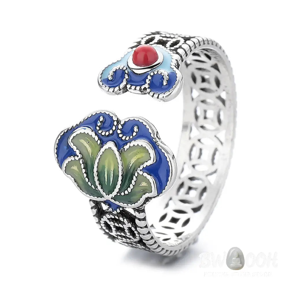 Buddha Stones Lotus Flower Copper Coins Ruyi Handle Pattern Enlightenment Adjustable Ring - Lotus(Inner Diameter 12mm)