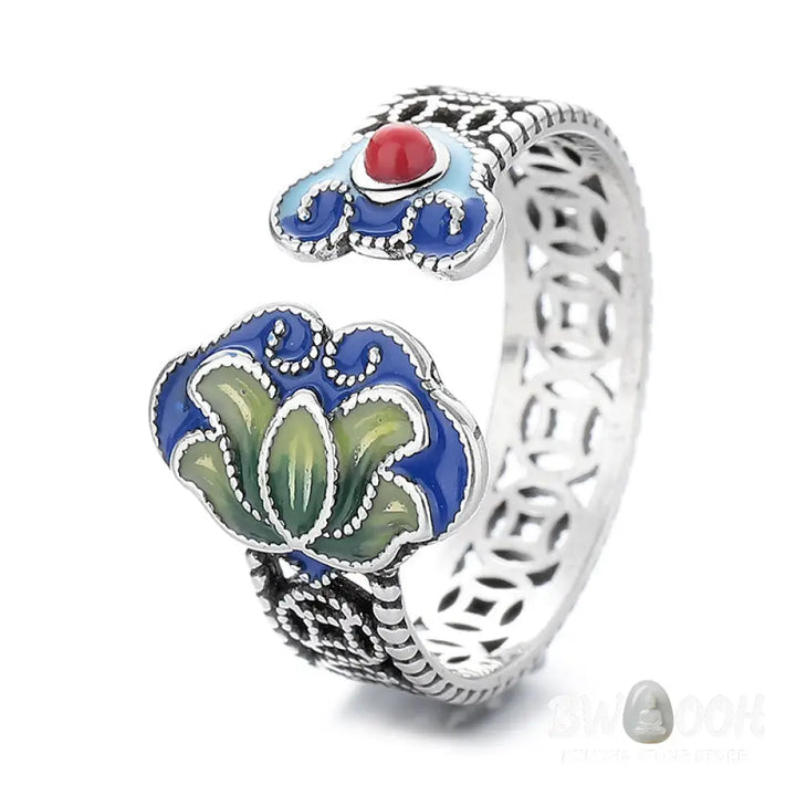 Buddha Stones Lotus Flower Copper Coins Ruyi Handle Pattern Enlightenment Adjustable Ring - Lotus(Inner Diameter 12mm)
