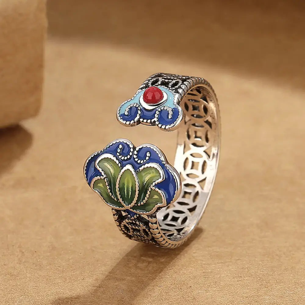 BWOOOH Lotus Flower Copper Coins Ruyi Handle Pattern Enlightenment Adjustable Ring — Copper spiritual jewelry for spiritua...