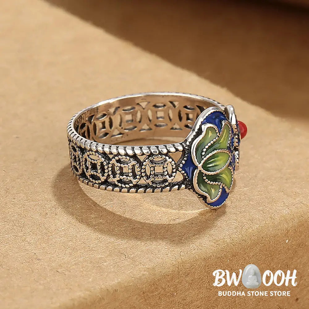 Buddha Stones Lotus Flower Copper Coins Ruyi Handle Pattern Enlightenment Adjustable Ring - Lotus(Inner Diameter 12mm)