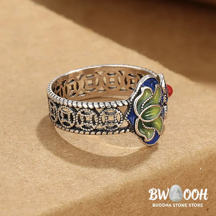 Buddha Stones Lotus Flower Copper Coins Ruyi Handle Pattern Enlightenment Adjustable Ring - Lotus(Inner Diameter 12mm)