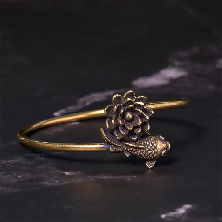 BWOOOH Lotus Flower Koi Fish Copper Brass Enlightenment Luck Bracelet Bangle - BWOOOH - Copper(Wrist