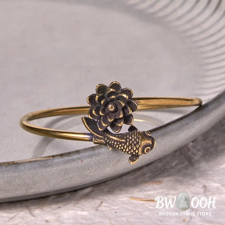 Buddha Stones Lotus Flower Koi Fish Copper Brass Enlightenment Luck Bracelet Bangle - BWOOOH - Copper(Wrist