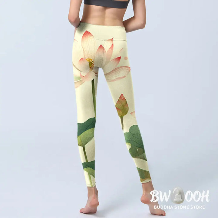 BWOOOH lotus print yoga leggings - Lotus Flower Leaf Dragonfly Print Fitnes