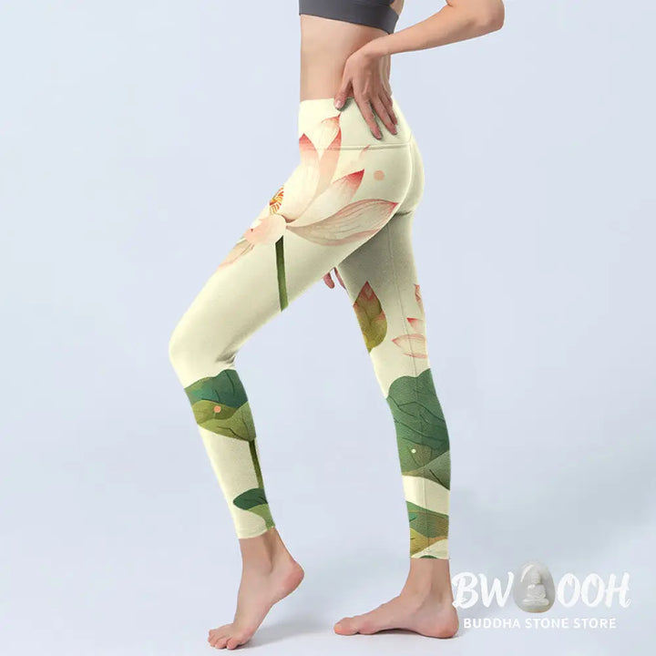 BWOOOH lotus print yoga leggings - Lotus Flower Leaf Dragonfly Print Fitnes