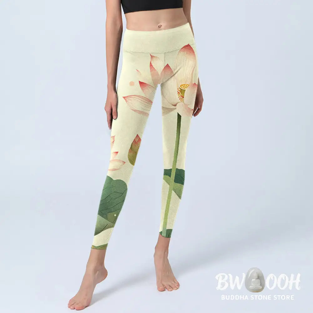 BWOOOH lotus print yoga leggings - Lotus Flower Leaf Dragonfly Print Fitnes