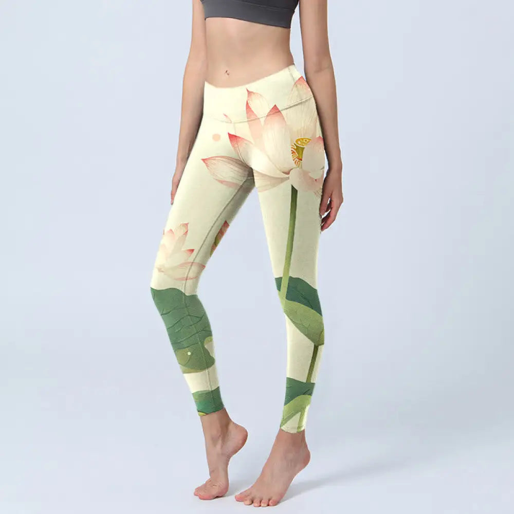 BWOOOH lotus print yoga leggings - Lotus Flower Leaf Dragonfly Print Fitnes