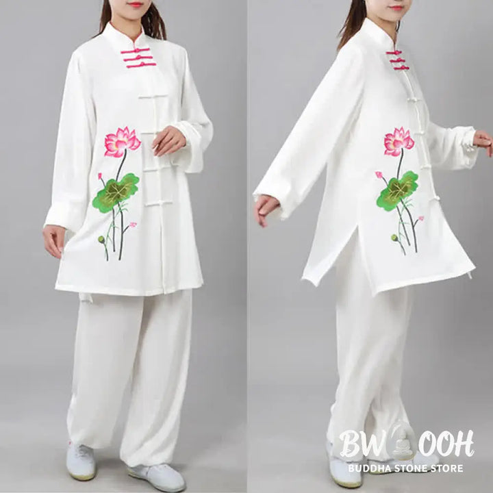 Buddha Stones Lotus Flower Leaf Pattern Tai Chi Meditation Prayer Spiritual Zen Practice Clothing Women’s Set - Clothes