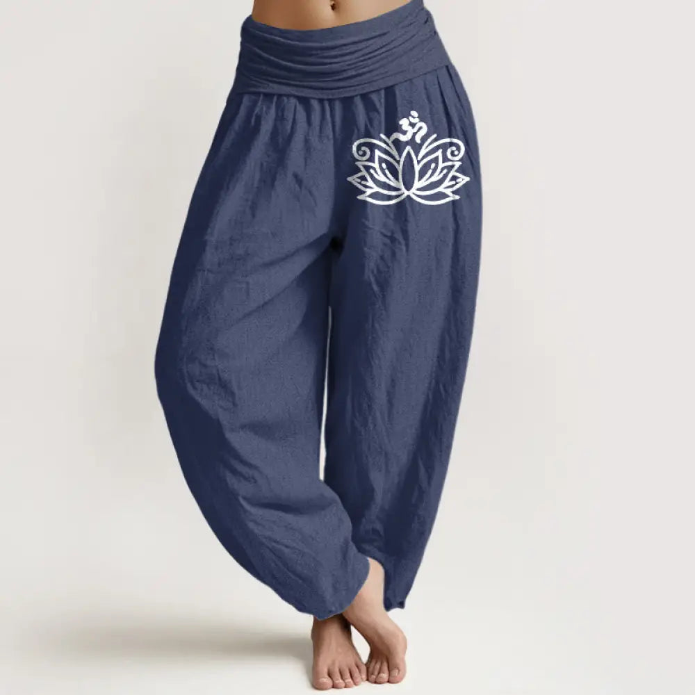 Buddha Stones Lotus Flower Om Symbol Pattern Women’s Elastic Waist Harem Pure Cotton Pants - DarkSlateBlue