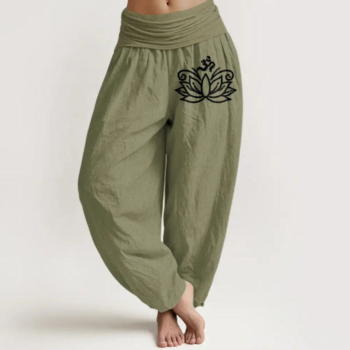 Buddha Stones Lotus Flower Om Symbol Pattern Women’s Elastic Waist Harem Pure Cotton Pants - OliveDrab