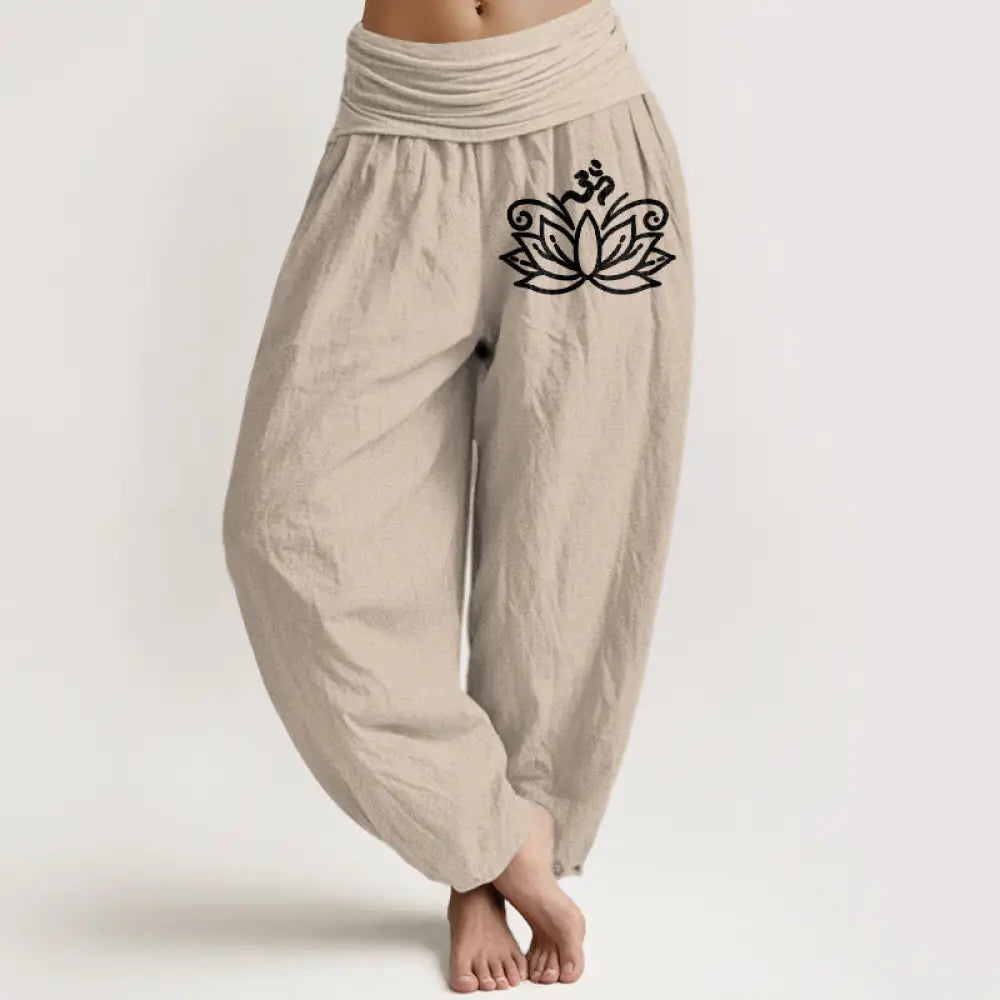 Buddha Stones Lotus Flower Om Symbol Pattern Women’s Elastic Waist Harem Pure Cotton Pants - Tan / US2，UK/AU6，EU34 (XS)