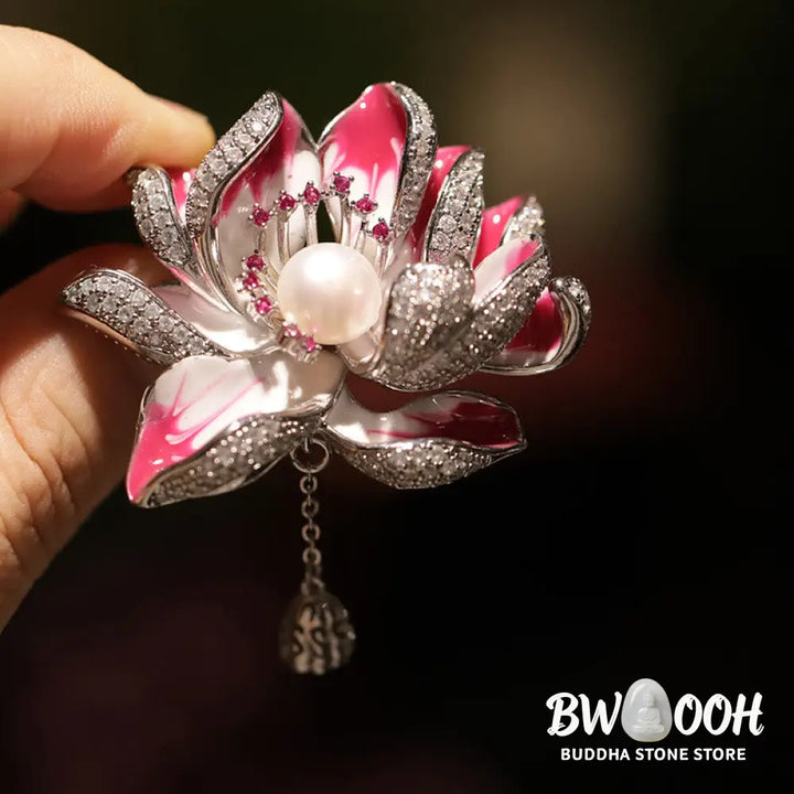 Buddha Stones Lotus Flower Pearl New Beginning Copper Brooch - Brooch