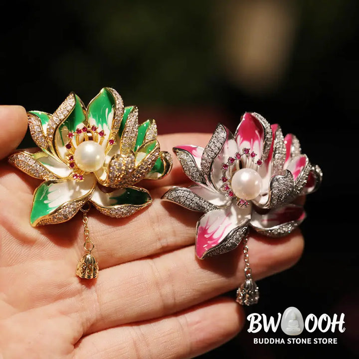 Buddha Stones Lotus Flower Pearl New Beginning Copper Brooch - Brooch