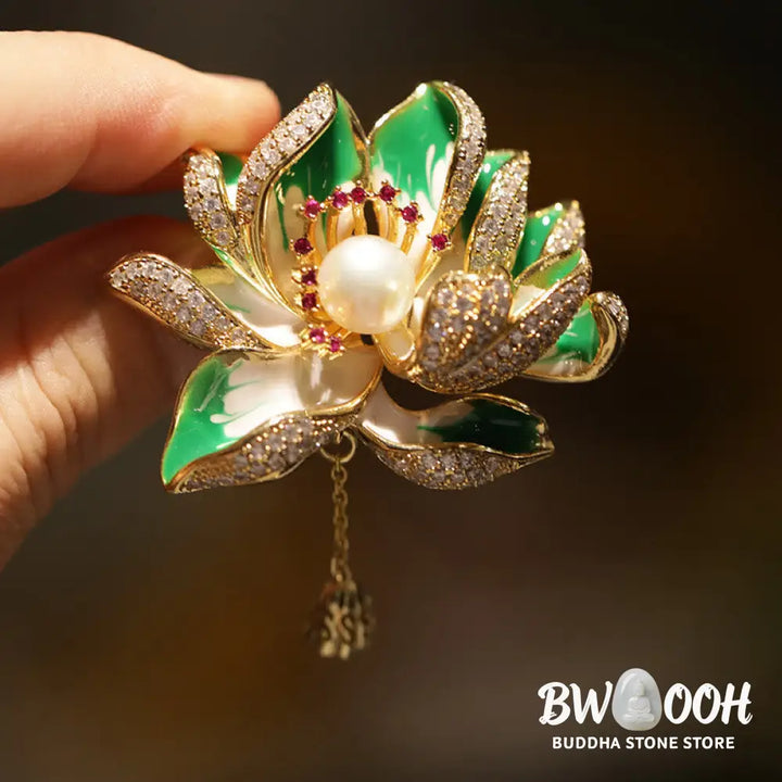 Buddha Stones Lotus Flower Pearl New Beginning Copper Brooch - Brooch