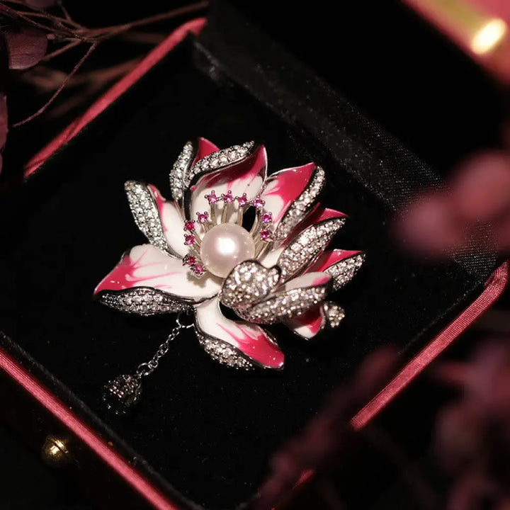Buddha Stones Lotus Flower Pearl New Beginning Copper Brooch - Rose Red About 5.2*4.8cm - Brooch