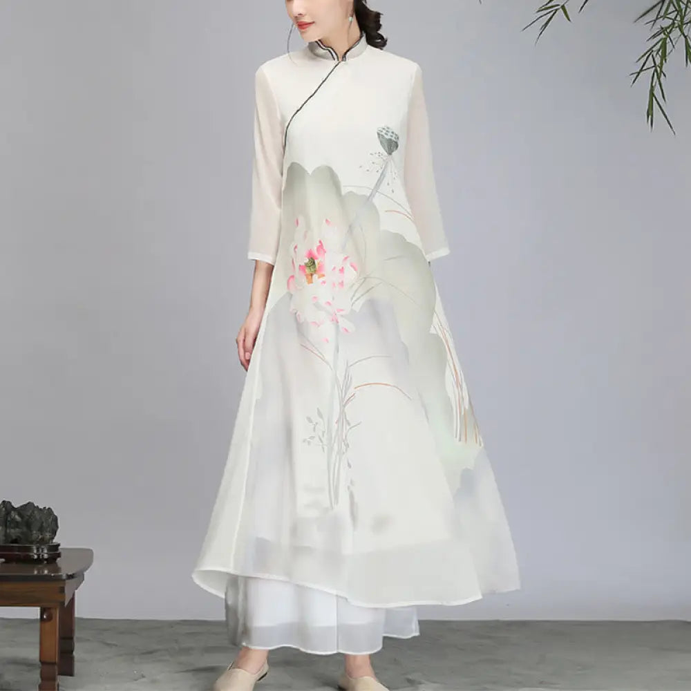 BWOOOH lotus print yoga pants - Lotus Flower Pod Chiffon Cheongsam Midi 