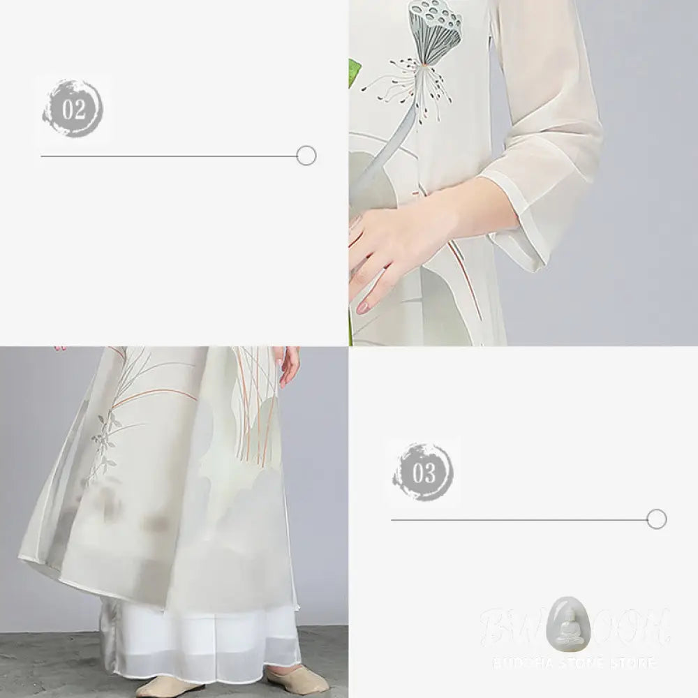 Buddha Stones Lotus Flower Pod Chiffon Cheongsam Midi Dress Meditation Zen Practice Clothing - Women’s Meditation Cloth