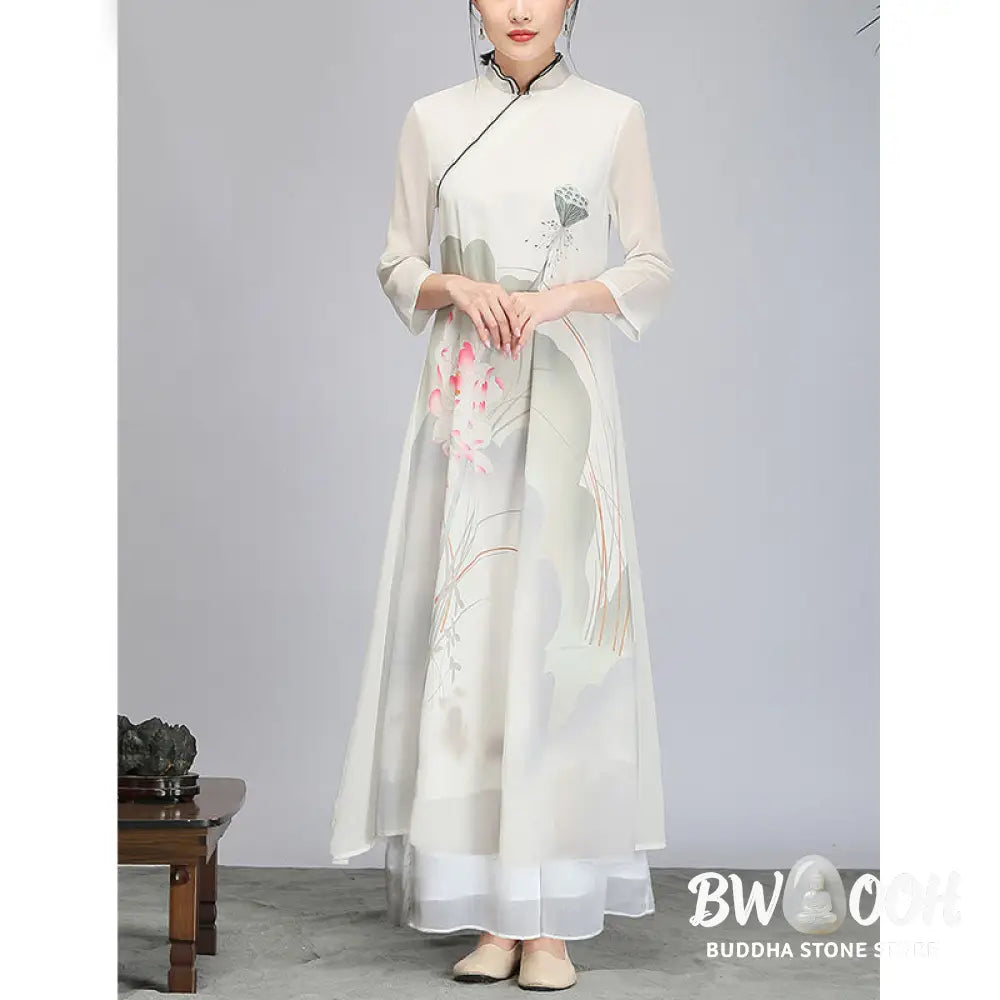 Buddha Stones Lotus Flower Pod Chiffon Cheongsam Midi Dress Meditation Zen Practice Clothing - Women’s Meditation Cloth