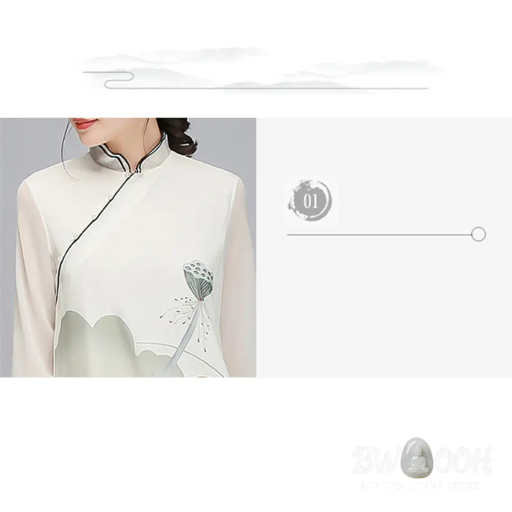 Buddha Stones Lotus Flower Pod Chiffon Cheongsam Midi Dress Meditation Zen Practice Clothing - Women’s Meditation Cloth