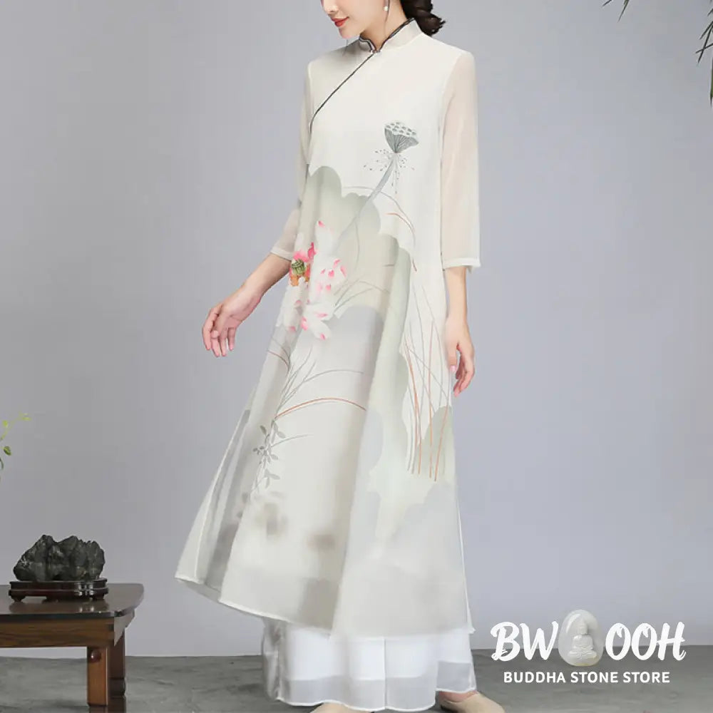 Buddha Stones Lotus Flower Pod Chiffon Cheongsam Midi Dress Meditation Zen Practice Clothing - Women’s Meditation Cloth