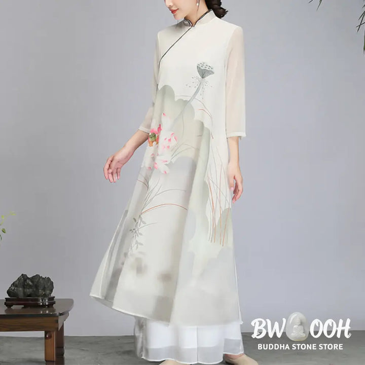 Buddha Stones Lotus Flower Pod Chiffon Cheongsam Midi Dress Meditation Zen Practice Clothing - Women’s Meditation Cloth