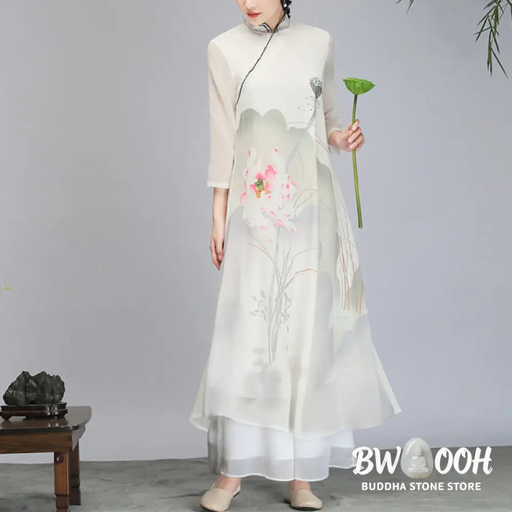 Buddha Stones Lotus Flower Pod Chiffon Cheongsam Midi Dress Meditation Zen Practice Clothing - Women’s Meditation Cloth