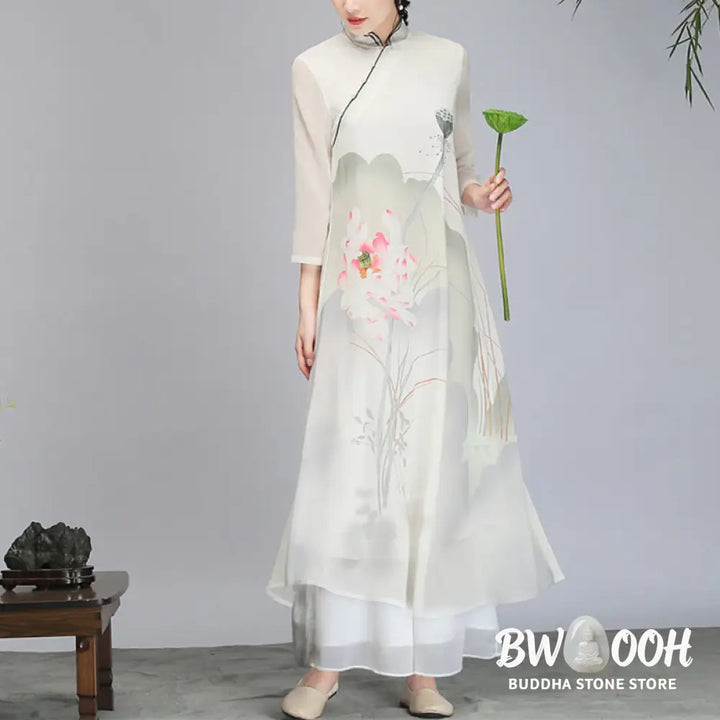 Buddha Stones Lotus Flower Pod Chiffon Cheongsam Midi Dress Meditation Zen Practice Clothing - Women’s Meditation Cloth