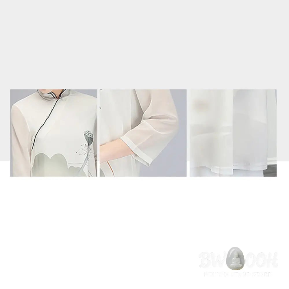 Buddha Stones Lotus Flower Pod Chiffon Cheongsam Midi Dress Meditation Zen Practice Clothing - Women’s Meditation Cloth