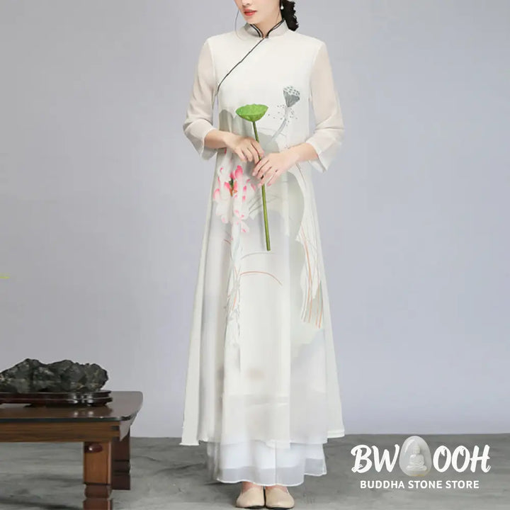 Buddha Stones Lotus Flower Pod Chiffon Cheongsam Midi Dress Meditation Zen Practice Clothing - Women’s Meditation Cloth