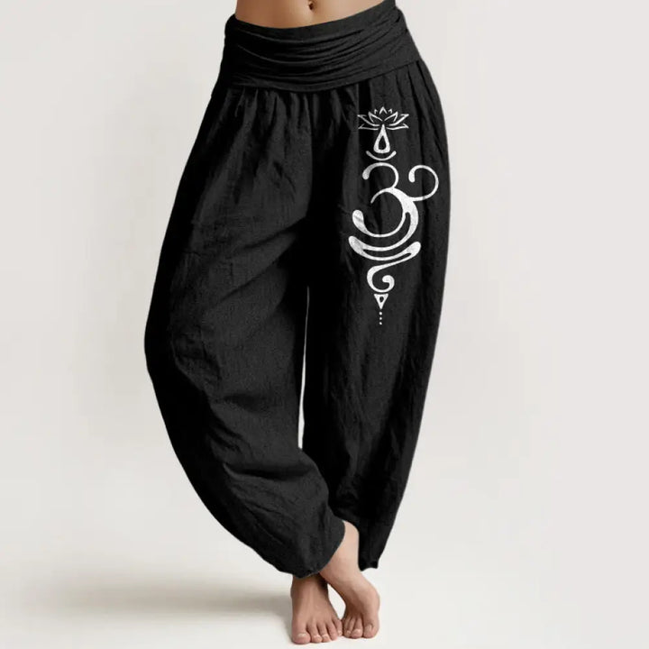 Buddha Stones Lotus Flower Unalome Symbol Pattern Pure Cotton Women’s Elastic Waist Harem Pants - Black