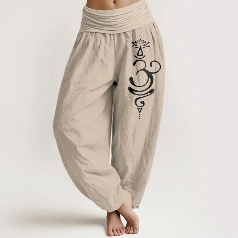 Buddha Stones Lotus Flower Unalome Symbol Pattern Pure Cotton Women’s Elastic Waist Harem Pants - Tan / US2，UK/AU6，EU34