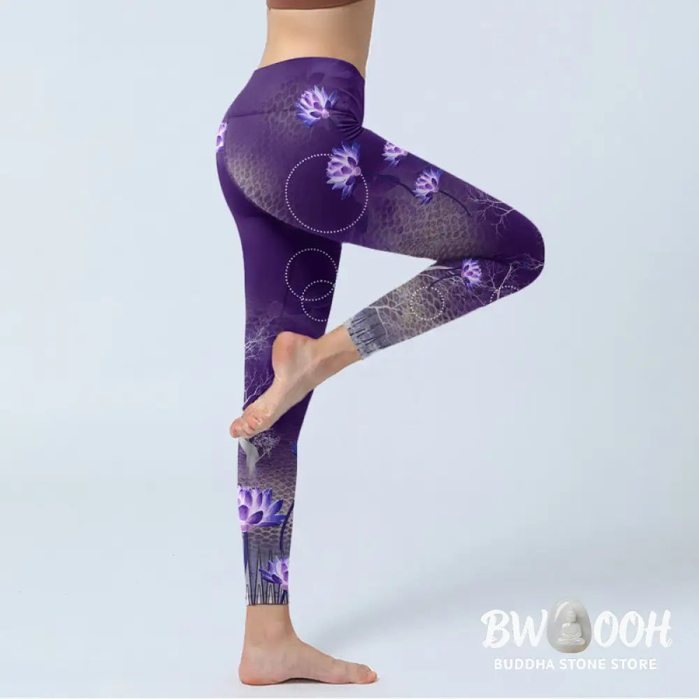 BWOOOH lotus print yoga leggings - Lotus Flower White Branch Dotted Circle 