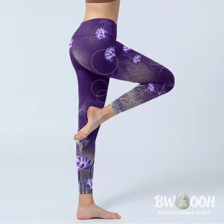 BWOOOH lotus print yoga leggings - Lotus Flower White Branch Dotted Circle 