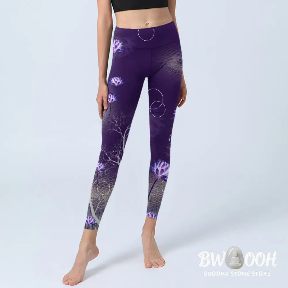 BWOOOH lotus print yoga leggings - Lotus Flower White Branch Dotted Circle 