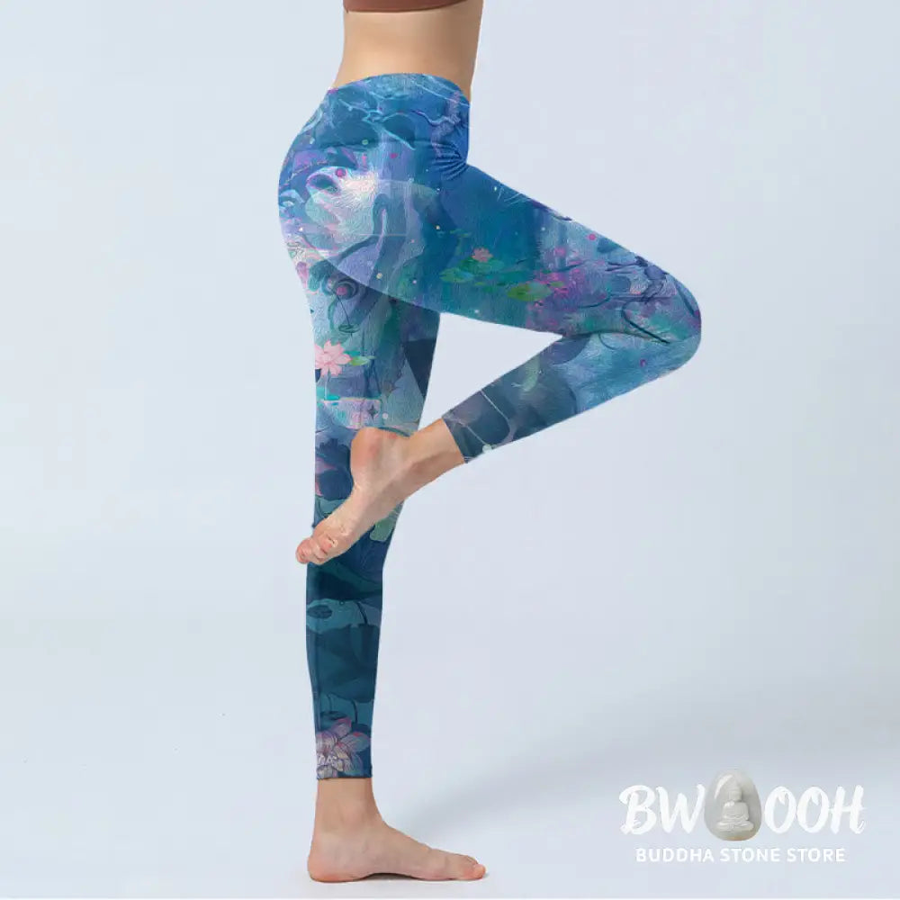BWOOOH lotus print yoga leggings - Lotus Flowers Leaves Birds Gym Leggings 
