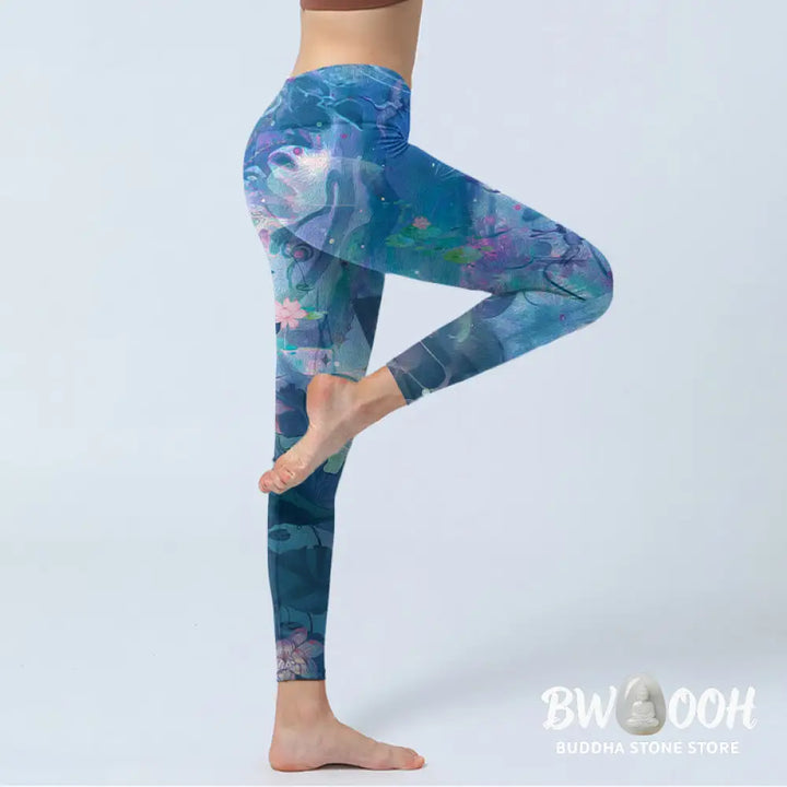 BWOOOH lotus print yoga leggings - Lotus Flowers Leaves Birds Gym Leggings 
